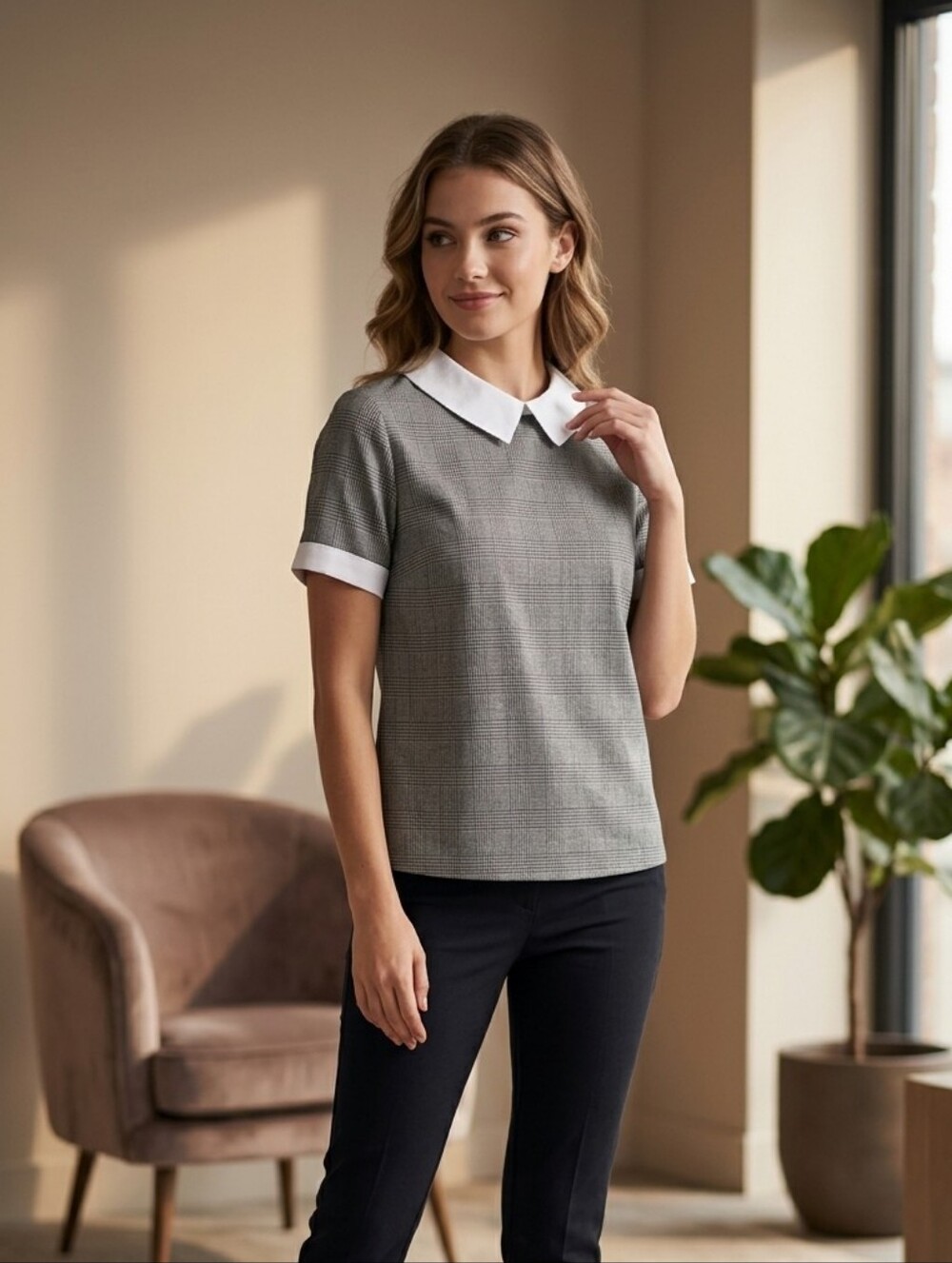 T-Shirt Addicts Gray Plaid Top with White Collar